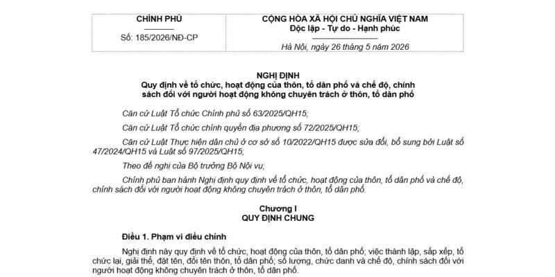 Nghị định 185/2026/NĐ-CP Về Tổ Chức Thôn, Tổ Dân Phố