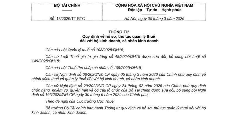 Thông tư 18/2026/TT-BTC Về Quản Lý Thuế Của Hộ Kinh Doanh
