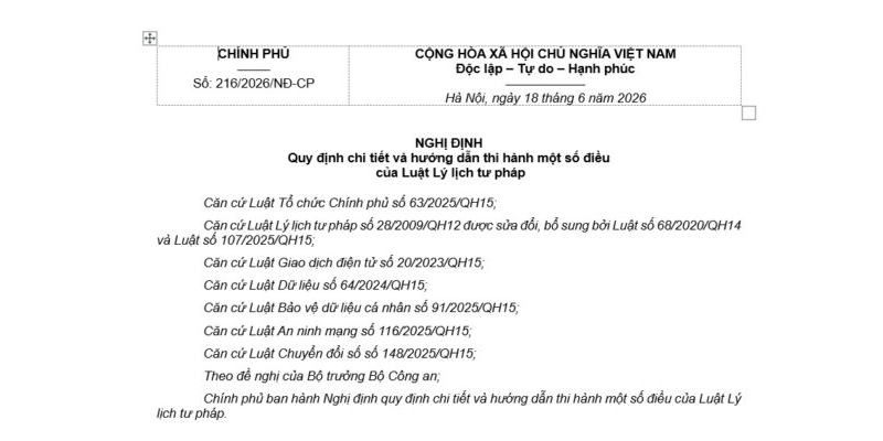 Nghị định 216/2026/NĐ-CP Hướng Dẫn Luật Lý Lịch Tư Pháp