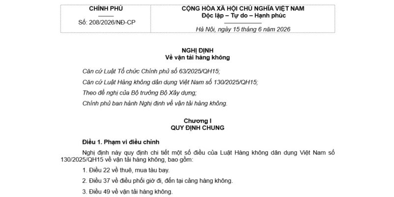 Nghị định 208/2026/NĐ-CP – Quy định về vận tải hàng không
