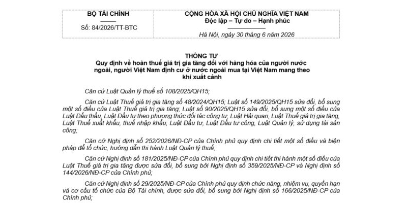 Thông tư 84/2026/TT-BTC về Hoàn Thuế cho Người Nước Ngoài