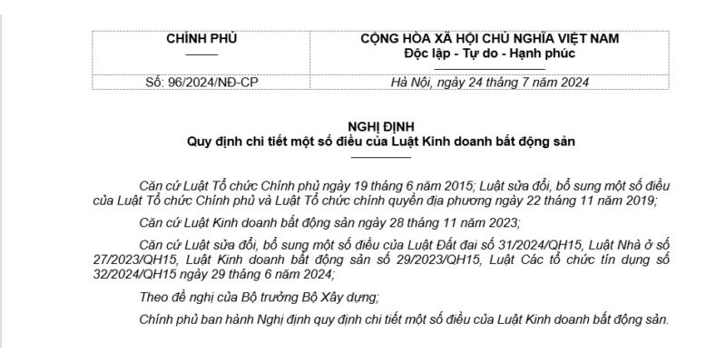 Nghị định 96/2024/NĐ-CP hướng dẫn Luật kinh doanh bất động sản