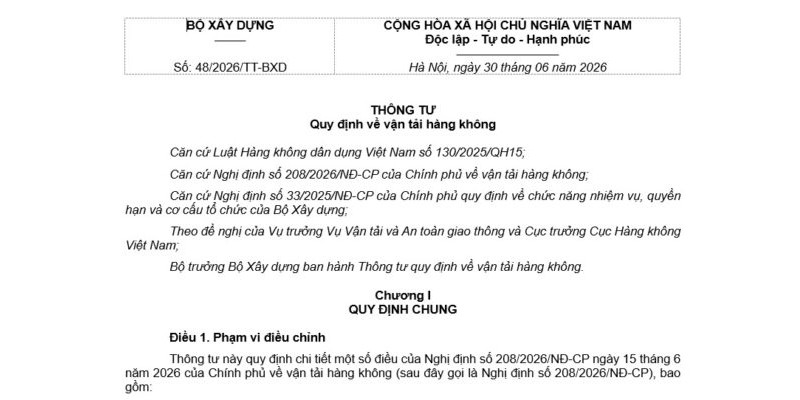 Thông tư 48/2026/TT-BXD hướng dẫn về Vận tải hàng không