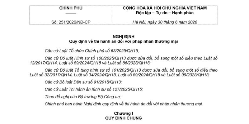 Nghị định 251/2026/NĐ-CP về thi hành án pháp nhân thương mại