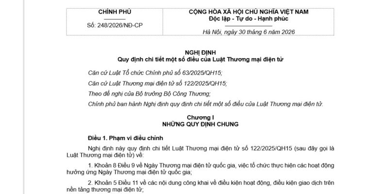 Nghị định 248/2026/NĐ-CP hướng dẫn Luật Thương mại điện tử