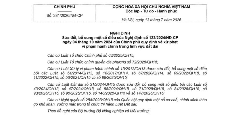 Nghị định 281/2026/NĐ-CP về xử phạt vi phạm đất đai