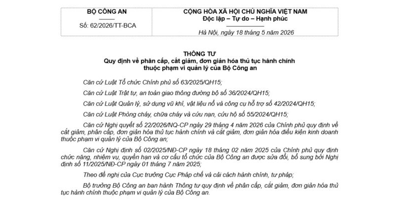 Thông tư 62/2026/TT-BCA - Phân cấp, cắt giảm thủ tục hành chính