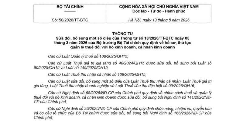 Thông tư 50/2026/TT-BTC sửa đổi Thông tư 18/2026/TT-BTC