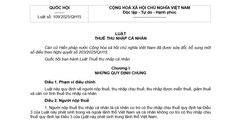 Luật Thuế thu nhập cá nhân 2025 – Số 109/2025/QH15