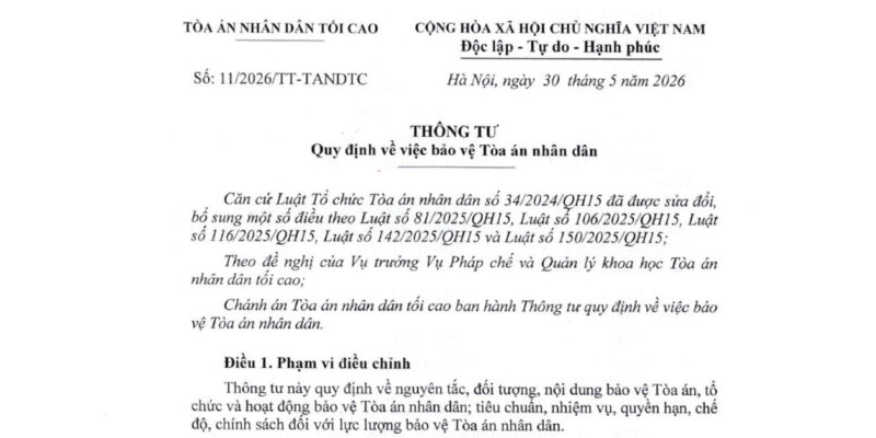 Thông tư 11/2026/TT-TANDTC về Công Tác Bảo Vệ Tòa Án