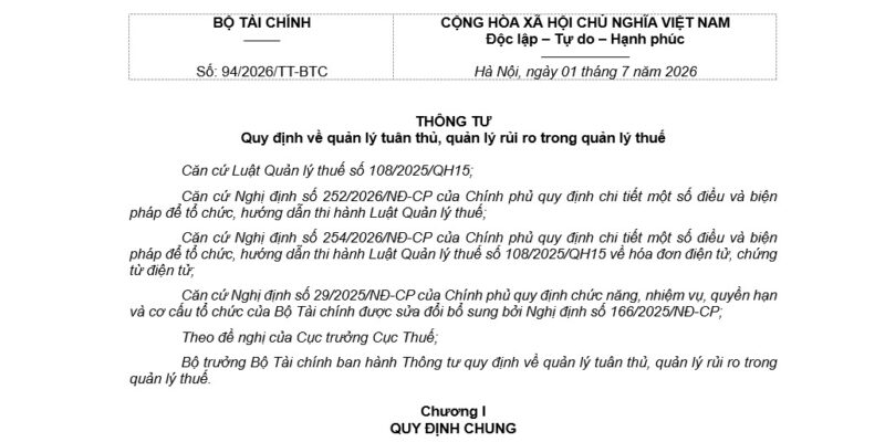 Thông tư 94/2026/TT-BTC về Quản lý tuân thủ và rủi ro trong thuế