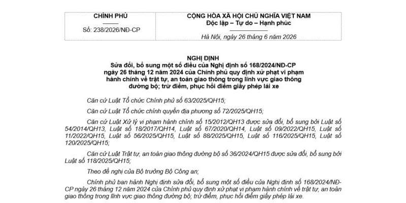 Nghị định 238/2026/NĐ-CP về xử phạt vi phạm giao thông