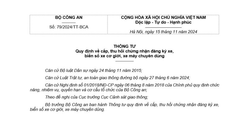 Thông tư 79/2024/TT-BCA về cấp mới và cấp đổi đăng ký xe