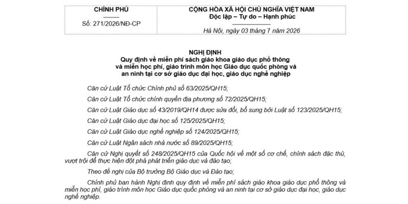 Nghị định 271/2026/NĐ-CP về Miễn phí sách giáo khoa học sinh