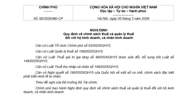 Nghị định 68/2026/NĐ-CP về Thuế và quản lý thuế hộ kinh doanh