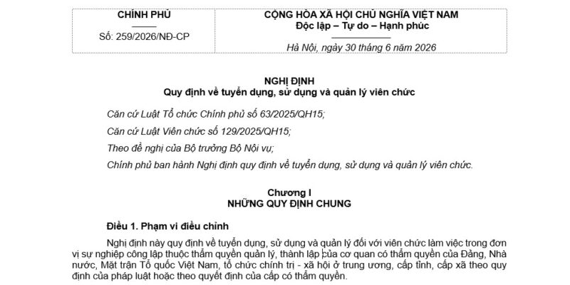 Nghị định 259/2026/NĐ-CP về tuyển dụng, quản lý viên chức