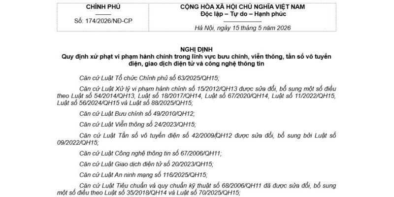 Nghị định 174/2026/NĐ-CP xử phạt về bưu chính, viễn thông