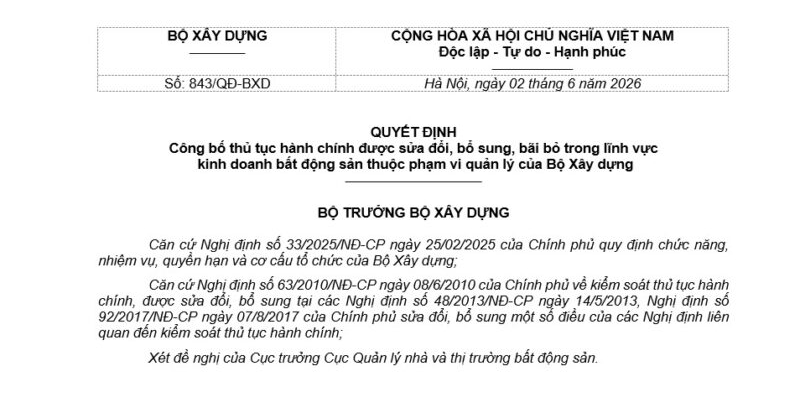 Quyết định 843/QĐ-BXD Sửa Đổi Bổ Sung Thủ Tục Hành Chính