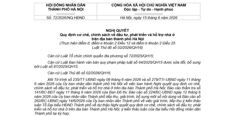 Nghị quyết 72/2026/NQ-HĐND Hà Nội Về Chính Sách Nhà Ở