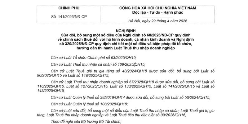 Nghị định 141/2026/NĐ-CP sửa đổi Nghị định 68 và Nghị định 320