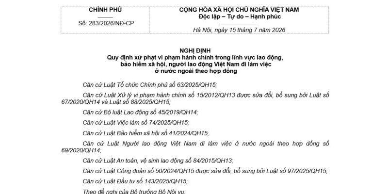 Nghị định 283/2026/NĐ-CP xử phạt vi phạm về lao động