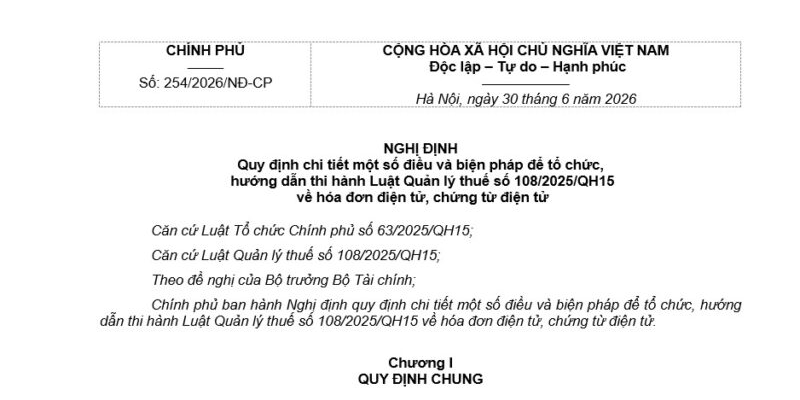 Nghị định 254/2026/NĐ-CP Hướng dẫn về hóa đơn điện tử