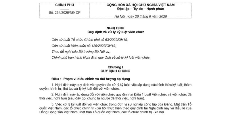 Nghị định 234/2026/NĐ-CP về xử lý kỷ luật viên chức