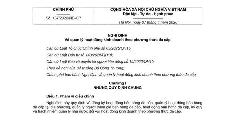 Nghị định 137/2026/NĐ-CP Về Kinh Doanh Bán Hàng Đa Cấp