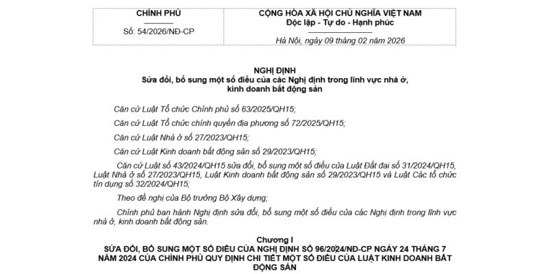 Nghị định 54/2026/NĐ-CP về Nhà ở và Kinh Doanh Bất Động Sản
