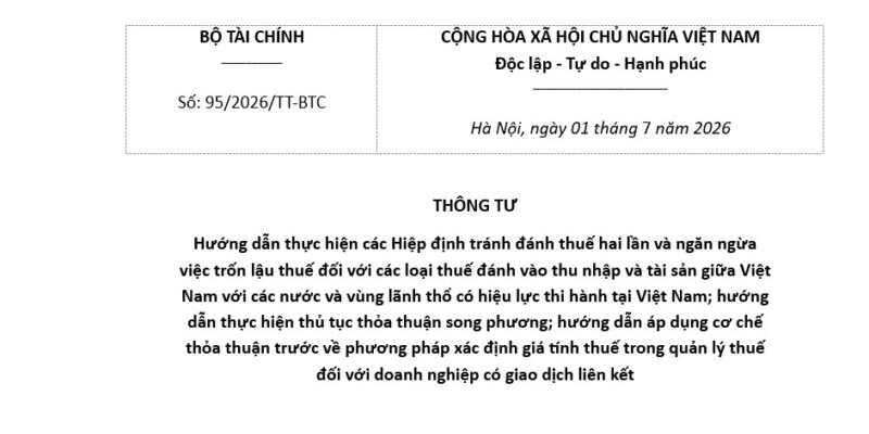 Thông tư 95/2026/TT-BTC về tránh đánh thuế hai lần và trốn thuế