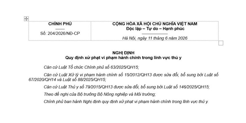 Nghị Định 204/2026/NĐ-CP Xử Phạt Vi Phạm Về Thú Y