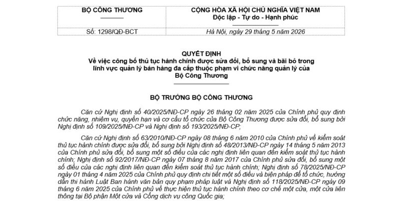 Quyết định 1298/QĐ-BCT về thủ tục hành chính bán hàng đa cấp